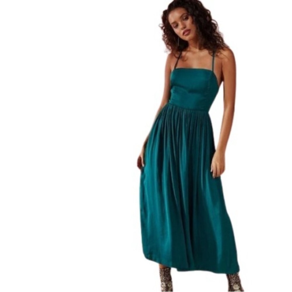 Urban Outfitters Morning Light Strappy Pleated Midi Dress Teal Green Satin Sz M - Picture 2 of 15